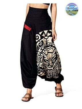 Women's Cotton Harem Pants, Boho Yoga Palazzo Pants with Pocket